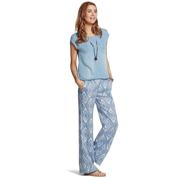 Chico's Ikat Blue White 100% Linen Tie Dye Abstract Print Wide Leg Pants - Picture 3 of 12